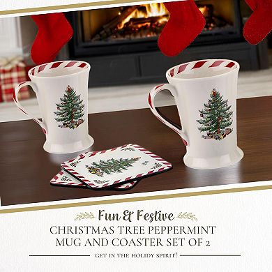 Spode Christmas Tree Mug & Coaster Set - 2 Porcelain Mugs & Square Cork Back Coasters