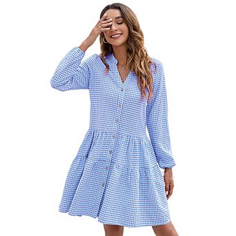 Women's Gingham Tiered Shirt Dress V Neck Long Sleeve Button Down Casual Ruffle Hem Dress