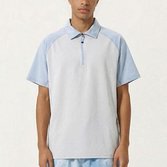 Men's Short Sleeve Athletic Polo Shirt with Zip Collar Colorblock Panel Design and Relaxed Fit Style