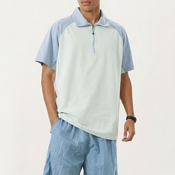 Men's Short Sleeve Athletic Polo Shirt with Zip Collar Colorblock Panel Design and Relaxed Fit Style