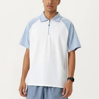 Men's Short Sleeve Athletic Polo Shirt with Zip Collar Colorblock Panel Design and Relaxed Fit Style