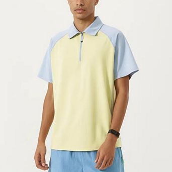 Men's Short Sleeve Athletic Polo Shirt with Zip Collar Colorblock Panel Design and Relaxed Fit Style