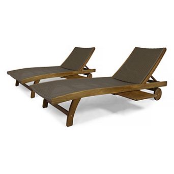 Chaise Lounge with Pull-Out Tray, Set of 2 Acacia Wood & Wicker Reclining Sun Lounger