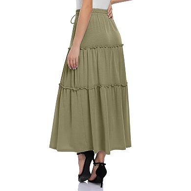 Women's High Waist Maxi Skirt Ruffle Hem Drawstring Casual Skirt