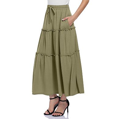 Women's High Waist Maxi Skirt Ruffle Hem Drawstring Casual Skirt
