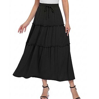 Women's High Waist Maxi Skirt Ruffle Hem Drawstring Casual Skirt