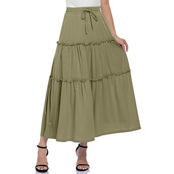 Women's High Waist Maxi Skirt Ruffle Hem Drawstring Casual Skirt
