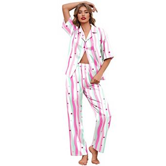 Ekouaer Pajamas Set Women Short Sleeve Pj Sets Button Down Sleepwear 2 pc Soft