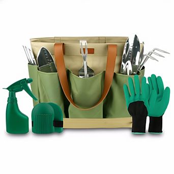 Stainless Steel Gardening Tool Set 10 pc Wooden Handles Heavy Duty with Storage Bag
