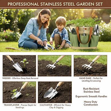 Stainless Steel Gardening Tool Set 10-Piece, Wooden Handles Heavy Duty with Storage Bag