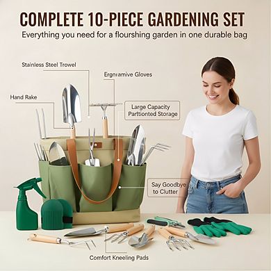 Stainless Steel Gardening Tool Set 10-Piece, Wooden Handles Heavy Duty with Storage Bag