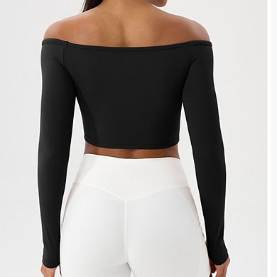Women Off Shoulder Long Sleeve Shirts Double Lined Basic Undershirt Y2K Going Out Tops