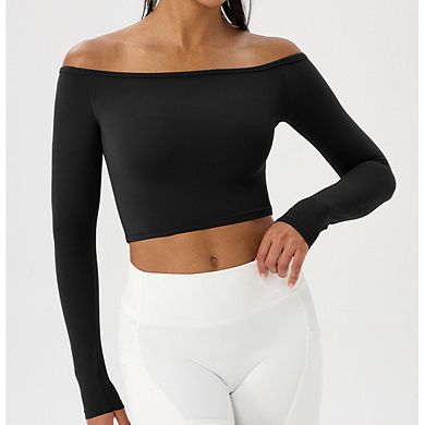 Women Off Shoulder Long Sleeve Shirts Double Lined Basic Undershirt Y2K Going Out Tops