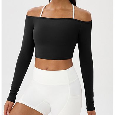 Women Off Shoulder Long Sleeve Shirts Double Lined Basic Undershirt Y2K Going Out Tops