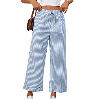 Women Pants Elastic Waist Striped Lightweight Palazzo Pants for Women Casual Lounge Wide Leg Pants