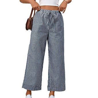 Women Pants Elastic Waist Striped Lightweight Palazzo Pants for Women Casual Lounge Wide Leg Pants