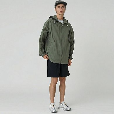 Men's Lightweight Hooded Windbreaker Jacket with Full Zip Closure Elastic Cuffs and Adjustable Hem