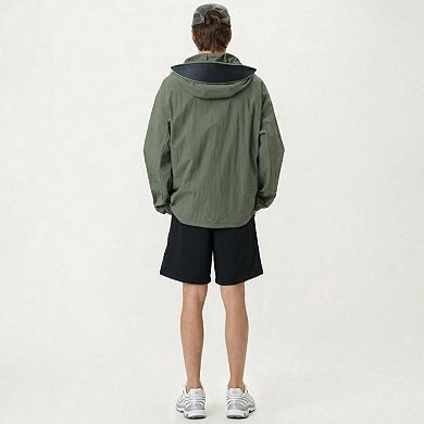 Men's Lightweight Hooded Windbreaker Jacket with Full Zip Closure Elastic Cuffs and Adjustable Hem