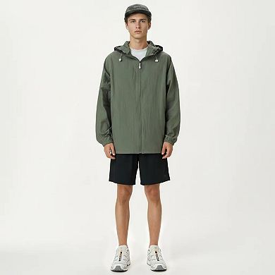Men's Lightweight Hooded Windbreaker Jacket with Full Zip Closure Elastic Cuffs and Adjustable Hem