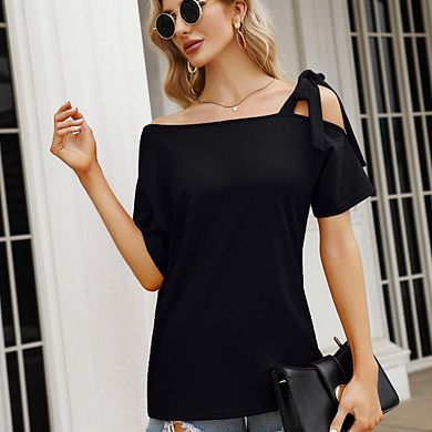 Women's Batwing Sleeve Asymmetric Top Casual Loose One Shoulder Tie Strap Top Daily Versatile Tops