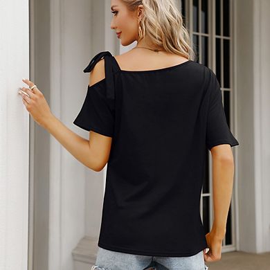 Women's Batwing Sleeve Asymmetric Top Casual Loose One Shoulder Tie Strap Top Daily Versatile Tops