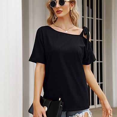Women's Batwing Sleeve Asymmetric Top Casual Loose One Shoulder Tie Strap Top Daily Versatile Tops