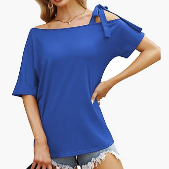 Women's Batwing Sleeve Asymmetric Top Casual Loose One Shoulder Tie Strap Top Daily Versatile Tops