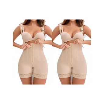 2 Packs Women's Lace Trim Open-Bust Adjustable Straps Front Hooks Tummy Control Hip Lifter Bodysuits