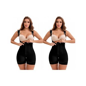 2 Packs Women's Lace Trim Open-Bust Adjustable Straps Front Hooks Tummy Control Hip Lifter Bodysuits