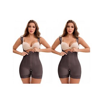 2 Packs Women's Lace Trim Open-Bust Adjustable Straps Front Hooks Tummy Control Hip Lifter Bodysuits