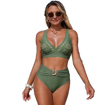 Seoria Studded Decor High Waisted Bikini Set V Neck Two Piece Swimsuit for Women