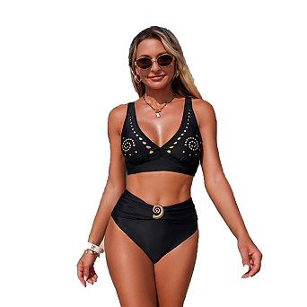 Seoria Studded Decor High Waisted Bikini Set V Neck Two Piece Swimsuit for Women
