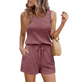Ekouaer Rompers for Women Summer Casual Sleeveless Scoop Neck Tank Top Ribbed Short Jumpsuits
