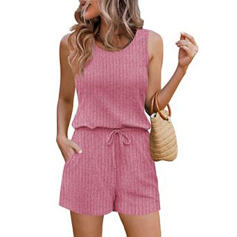 Ekouaer Rompers for Women Summer Casual Sleeveless Scoop Neck Tank Top Ribbed Short Jumpsuits