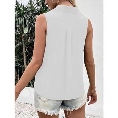 Casual Button-Down Sleeveless Tunic Collared V-Neck Blouse