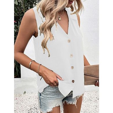 Casual Button-Down Sleeveless Tunic Collared V-Neck Blouse