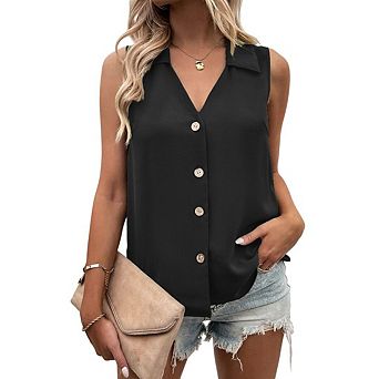 Casual Button-Down Sleeveless Tunic Collared V-Neck Blouse