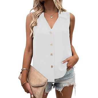 Casual Button-Down Sleeveless Tunic Collared V-Neck Blouse