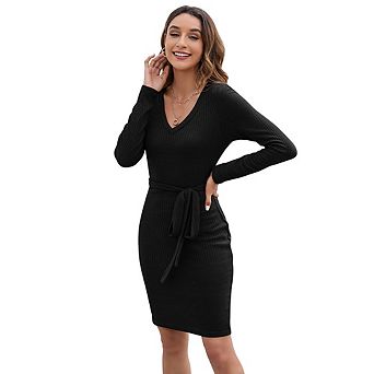 Women's Ribbed Knit Bodycon Midi Dress V Neck Long Sleeve Tie Waist Casual Party Dress