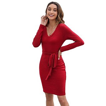 Women's Ribbed Knit Bodycon Midi Dress V Neck Long Sleeve Tie Waist Casual Party Dress
