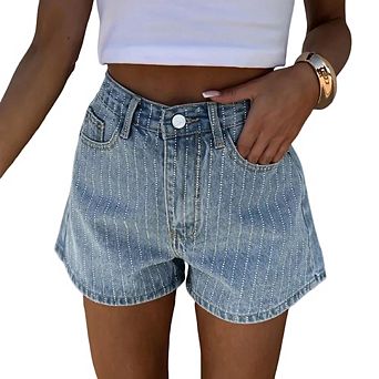 Women Rhinestone Jean Shorts High Waisted Denim Short Sparkle Shiny Sequin Glitter Party Y2K Outfits