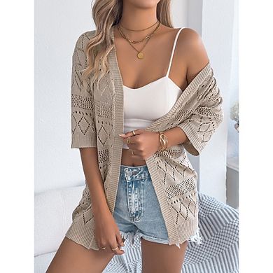 Women's Crochet Knit Cardigan Sweaters Short Sleeve Open Front Kimonos Boho Cardigans Vacation Tops