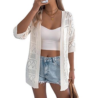 Women's Crochet Knit Cardigan Sweaters Short Sleeve Open Front Kimonos Boho Cardigans Vacation Tops