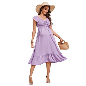 Womens Maternity Short Sleeve Sweetheart Neck Summer Casual Smocked Boho Drawstring Maxi Dress