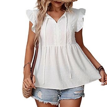 Women's Babydoll Tops Eyelet Peplum Tops Lace Crochet Tie V Neck Flutter Sleeve Peplum Blouse