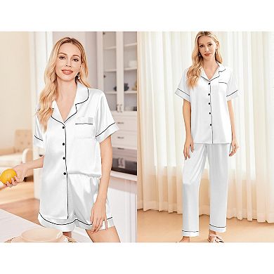 Ekouaer Silk 3 Piece Pajamas for Women Set Pjs Soft Short Sleeve Button Down Sleepwear