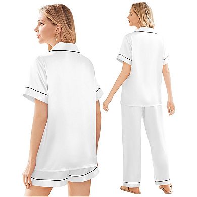 Ekouaer Silk 3 Piece Pajamas for Women Set Pjs Soft Short Sleeve Button Down Sleepwear
