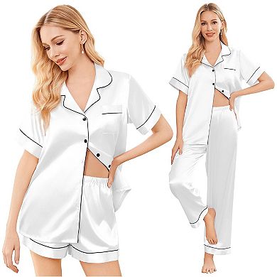 Ekouaer Silk 3 Piece Pajamas for Women Set Pjs Soft Short Sleeve Button Down Sleepwear