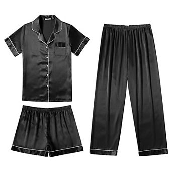 Ekouaer Silk 3 pc Pajamas for Women Set Pjs Soft Short Sleeve Button Down Sleepwear