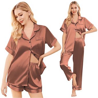 Ekouaer Silk 3 pc Pajamas for Women Set Pjs Soft Short Sleeve Button Down Sleepwear